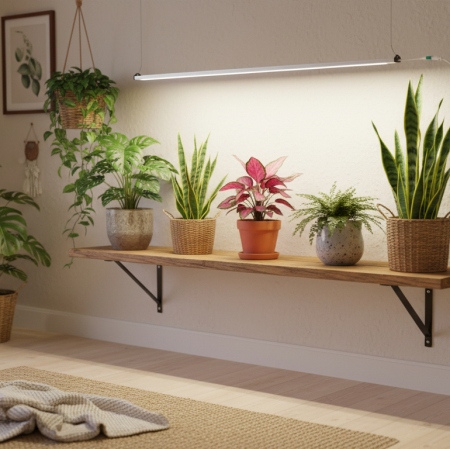 Hängende LED-Pflanzenlampe Aurora über einem Holzregal im Wohnzimmer, beleuchtet Zimmerpflanzen wie Sansevieria, Monstera und Farn mit hellem Wachstumslicht.