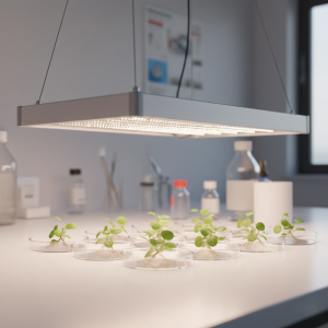 Professionelle Lichtlösungen für Labor & Forschung Hochwertige LED Pflanzenlampe über Petrischalen-Kulturen im Labor. Zeigt präzises, warmweißes Vollspektrumlicht für das Wachstum von Keimlingen in der wissenschaftlichen Forschung.