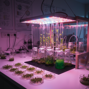 Lichtspektren für anspruchsvolle Pflanzenforschung Pflanzliche Zellkulturen und Keimlinge in Reagenzgläsern und Erlenmeyerkolben unter einer Pflanzenlampe mit roten und blauen LEDs in einem Forschungslabor.