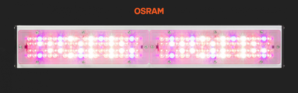 Nahaufnahme der VEGA Pro LED Pflanzenlampe mit leuchtenden OSRAM OSLON Dioden in Rot- und Weißtönen. Zeigt die hochwertige LED-Bestückung und Verarbeitungsqualität.