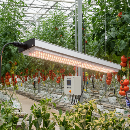 VEGA Pro 200W LED Pflanzenlampe im Einsatz in einem Gewächshaus. Sie beleuchtet ertragreiche Tomatenpflanzen und Paprika mit hocheffizientem Vollspektrum-Licht.