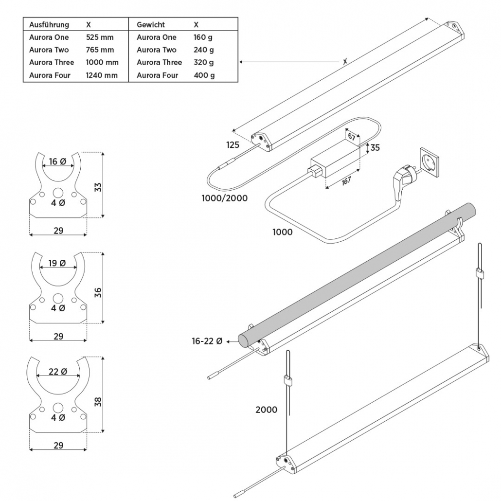 Technische Zeichnung der Growality Aurora LED Pflanzenlampen mit Abmessungen für Aurora One, Two, Three und Four, inkl. Montage-Clips und Treiber-Maße.