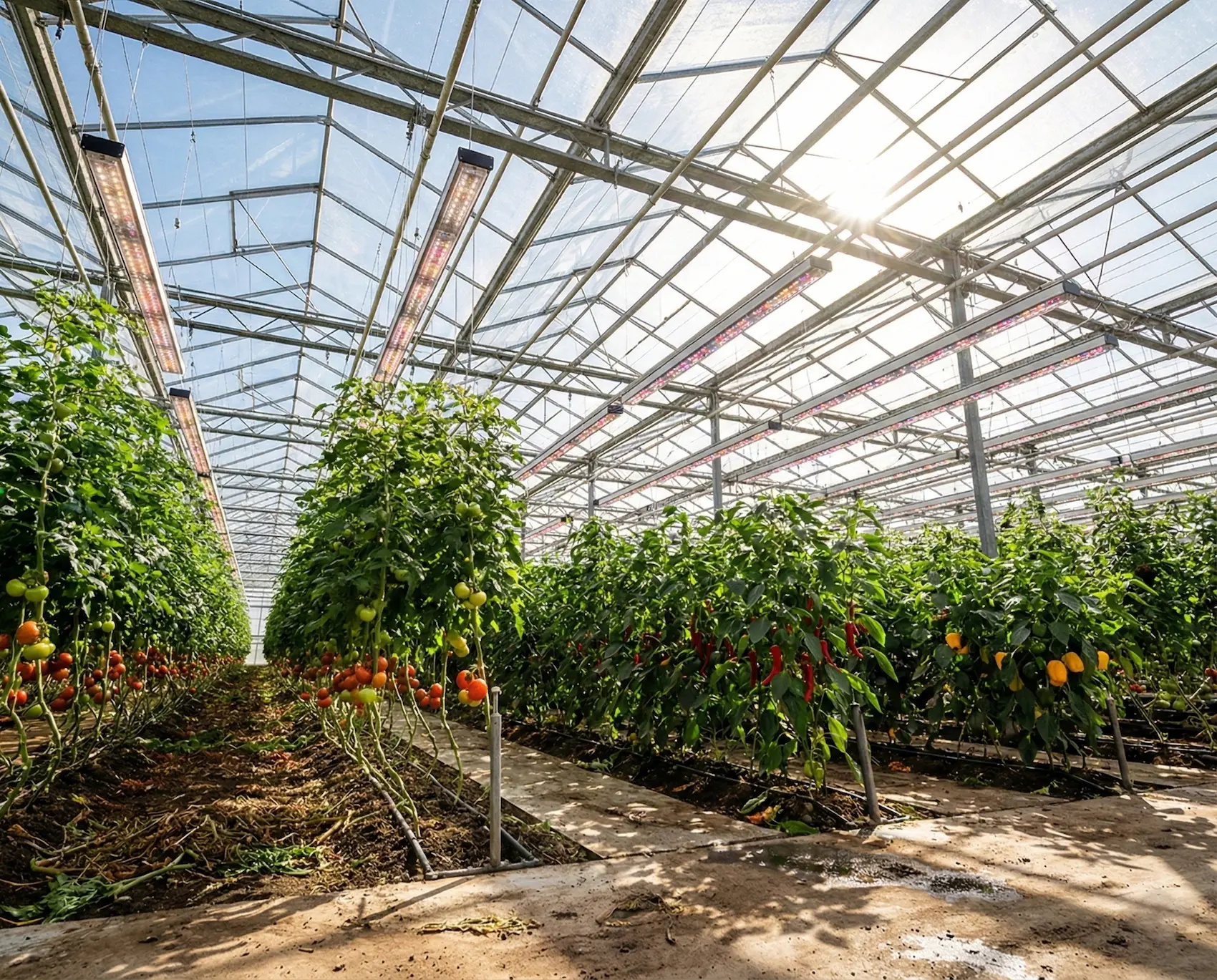LED-Assimilationsbelichtung im professionellen Gewächshaus für homogene Ausleuchtung und Ertragssteigerung im Produktionsgartenbau