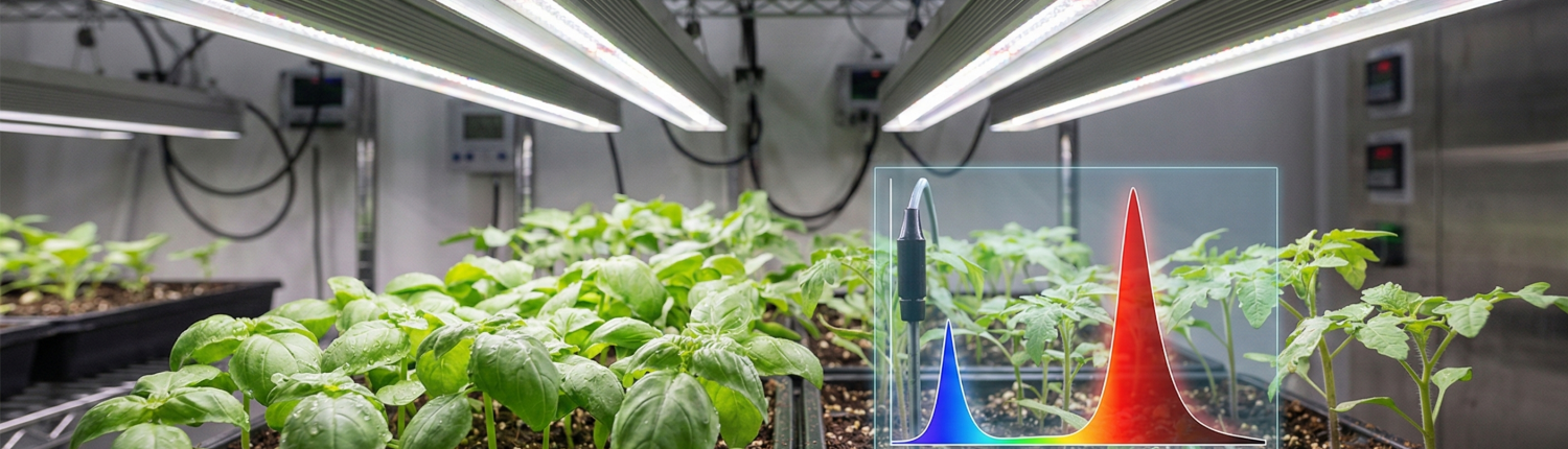 ineare LED-Pflanzenlampen über Jungpflanzen-Kulturen in einem Versuchsgewächshaus. Mit eingeblendetem Spektral-Diagramm (Blau-Rot-Peaks) zur Visualisierung der photosynthetisch aktiven Strahlung.