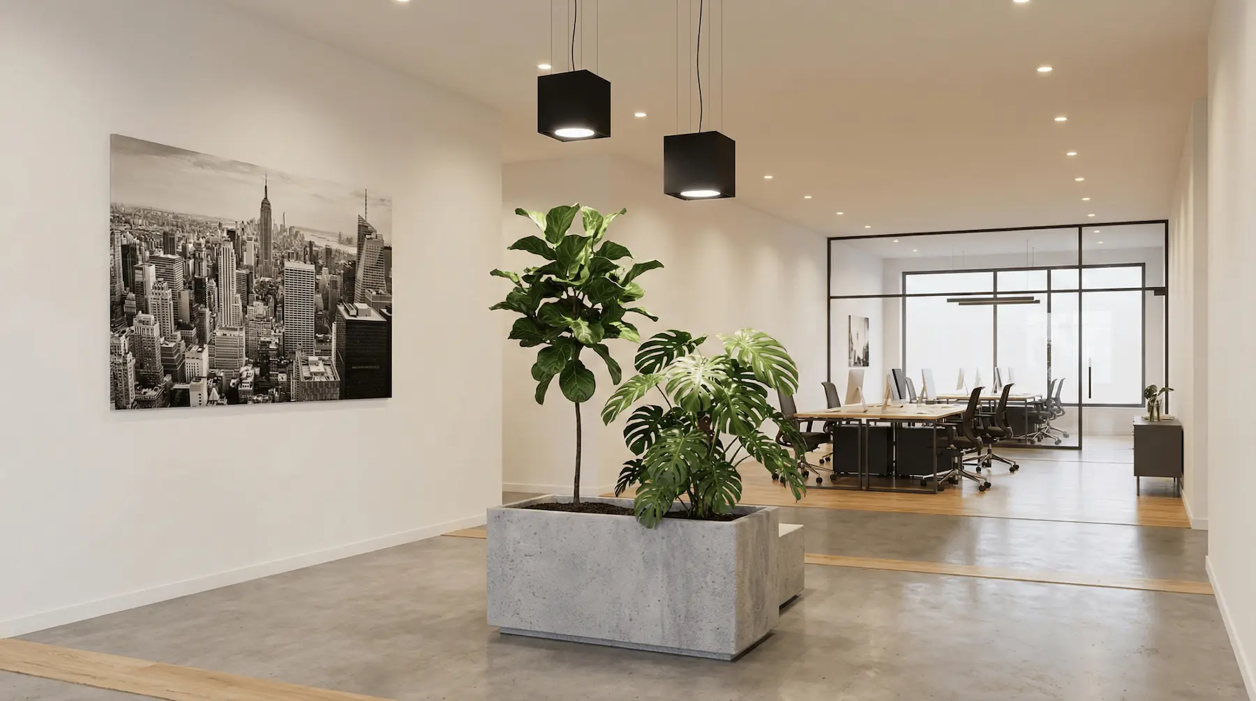 Modernes helles Büro mit Ficus Lyrata und Monstera unter schwarzen Würfel-LED-Pflanzenleuchten, geplant von Alexander Neusius.