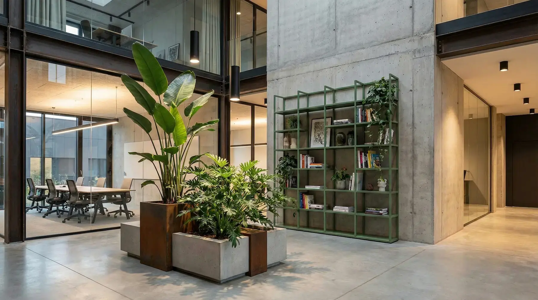 Moderner Coworking Space im Industrial Design mit Sichtbeton und großen Zimmerpflanzen unter professionellen LED-Pflanzenleuchten, geplant von Alexander Neusius.