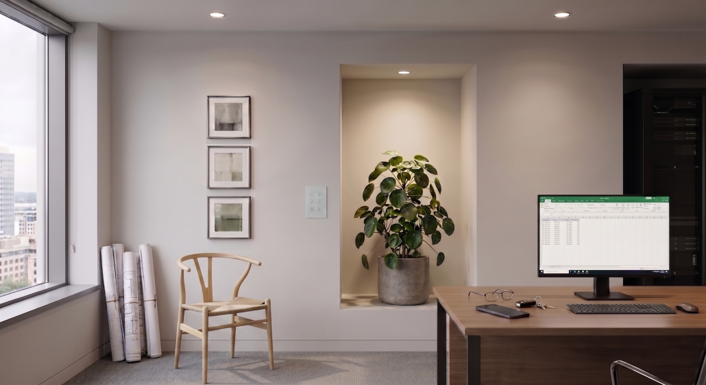 LED-Pflanzenlicht-Downlight-Buerobegruenung-Neusius Minimalistisches Büro-Interieur mit einem Schreibtisch und Bauplänen am Fenster. Eine große grüne Pflanze steht in einer beleuchteten Wandnische und wird von einem dezent in die Decke integrierten LED-Downlight professionell angestrahlt.