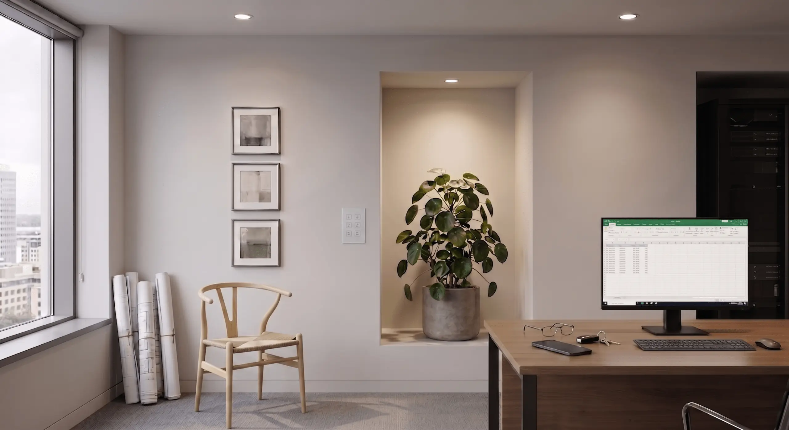 Minimalistisches Büro-Interieur mit einem Schreibtisch und Bauplänen am Fenster. Eine große grüne Pflanze steht in einer beleuchteten Wandnische und wird von einem dezent in die Decke integrierten LED-Downlight professionell angestrahlt.