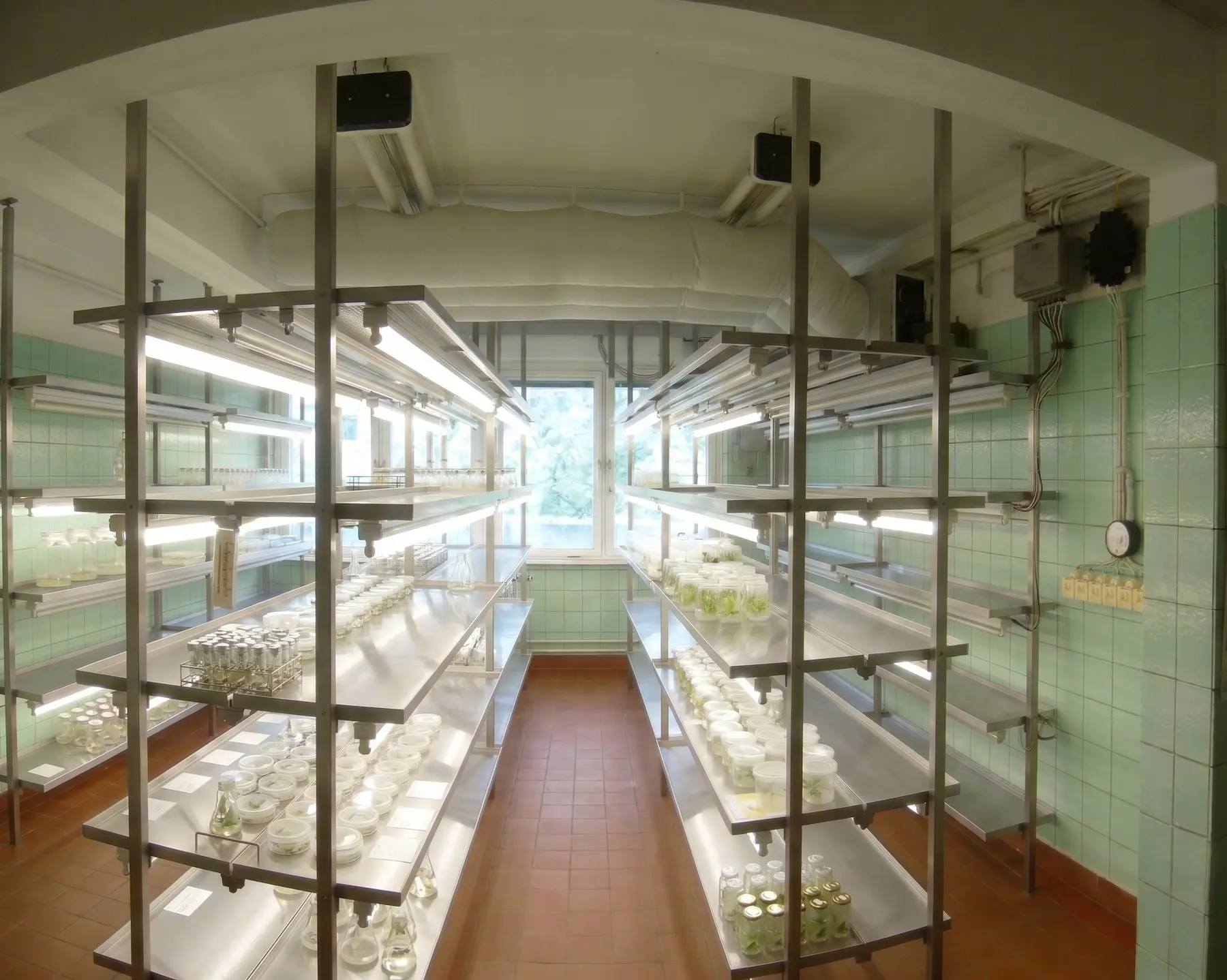 Wissenschaftliches Pflanzenlabor mit mehrstöckigen Edelstahl-Regalsystemen zur In-vitro-Kultivierung. Die Versuchspflanzen in Gläsern und Petrischalen werden flächendeckend von spezialisierten LED-Pflanzenlampen intensiv beleuchtet.