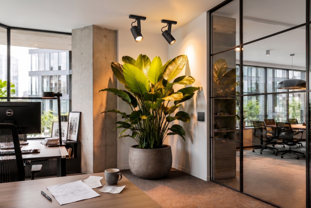 Modernes Büro-Interieur mit einer großen Zimmerpflanze im Kübel, die von zwei stilvollen, schwarzen LED-Deckenstrahlern professionell ausgeleuchtet wird. Im Hintergrund ist ein Konferenzraum mit Glaswand zu sehen.